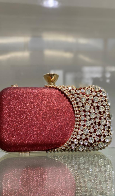 Red Velvet Hollow Out Style Rhinestones Clutch Bag