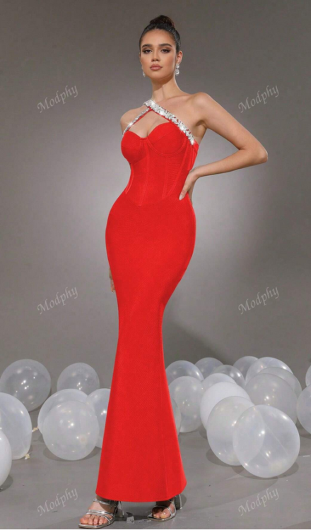 Sexy One Shoulder Diamond Fishtail Bandage Dress - M