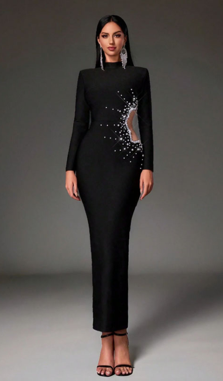 Elegant High Neck Long Sleeve Waist Side Sexy Mesh Stereoscopic dress - S