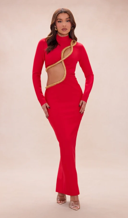 Draya Embellished Long Sleeve Bandage Maxi Dress - M